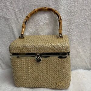 Gabriella Beige Woven Travel Bag with Bamboo Handle